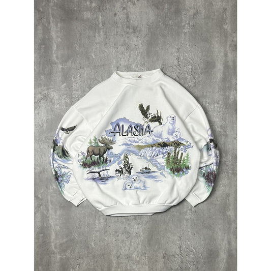 Vintage 90s Alaska Nature Animals All Over Print Sweatshirt Size Large White