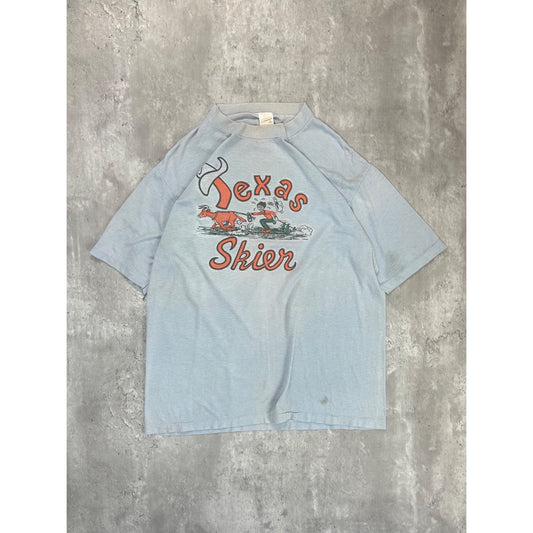 Vintage 1980 Texas Skier Western Spellout Graphic T-Shirt Size Large Blue