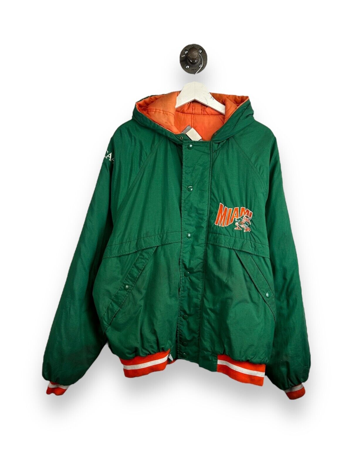 Vintage 90s Miami Hurricanes NCAA Insulated Hooded Full Zip Jacket Size XL Green