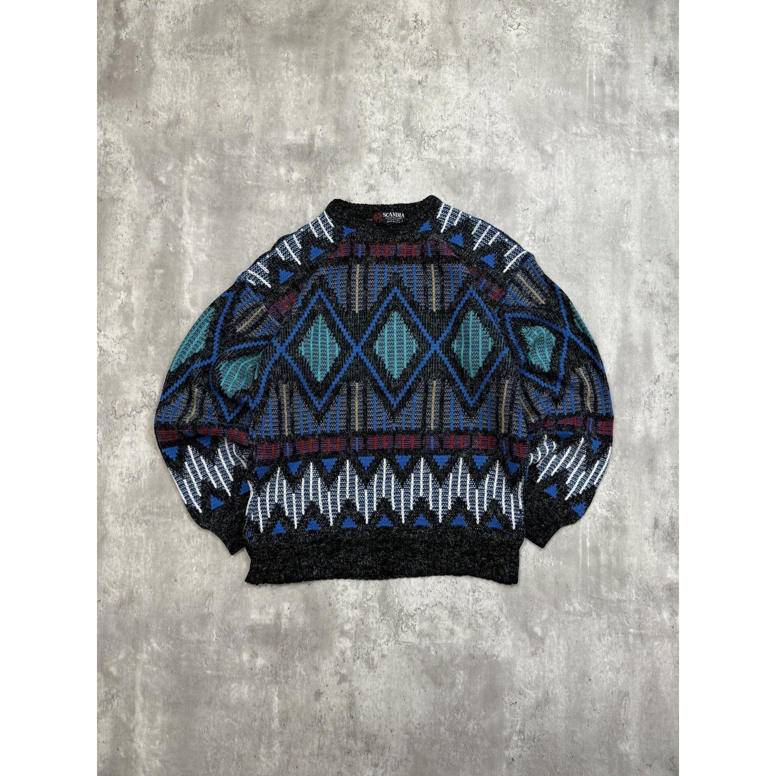 Vintage 80s/90s Scandia Geometric Stripe Print Pullover Knit Sweater Size Large