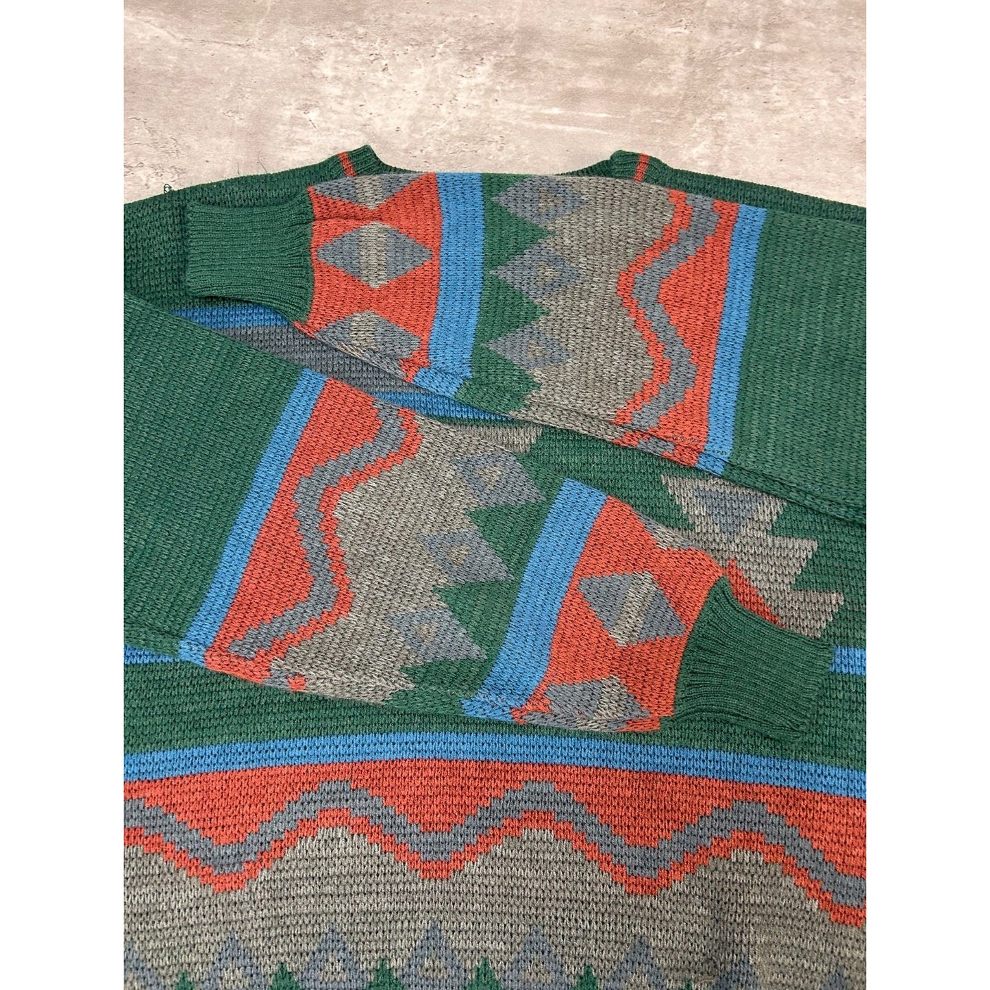 Vintage Campus Geometric Pattern Knit Sweater Size Large Green