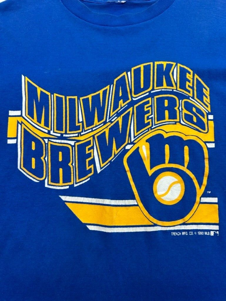 Vintage 1990 Milwaukee Brewers MLB Spellout Graphic T-Shirt Size Medium 90s Blue