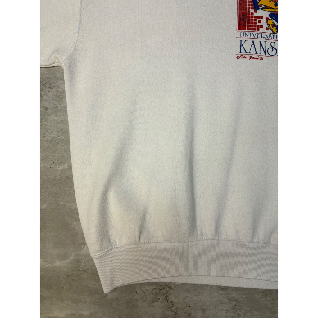 90s University Of Kansas NCAA Mascot Graphic Spellout Sweatshirt Size Large