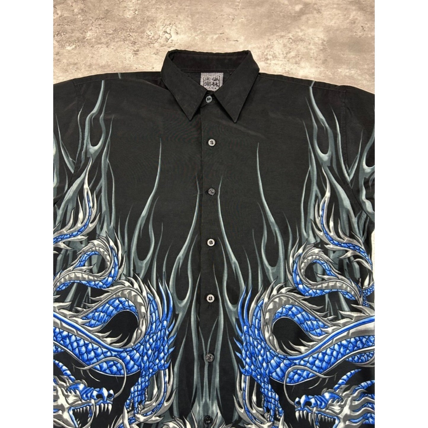 Vintage Y2K Flame Dragon All Over Print Short Sleeve Button Up Shirt Size Medium