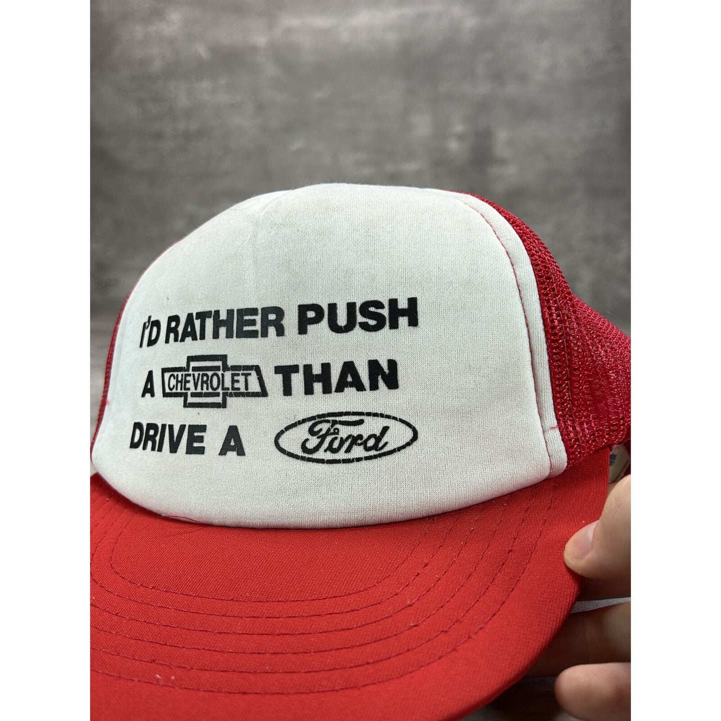 Vintage 80s Id Rather Push A Chevy Than Drive A Ford Trucker Snapback Hat OSFA