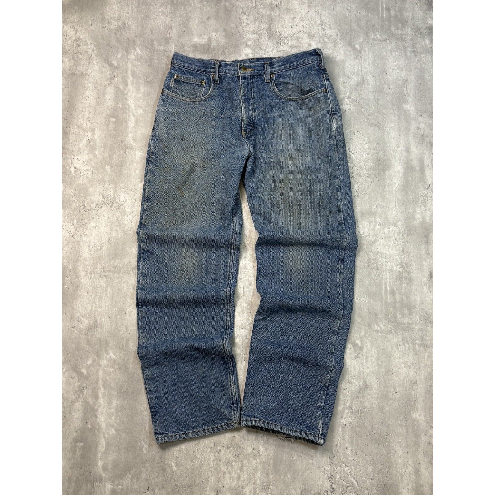Vintage Carhartt Fleece Lined Distressed Dark Wash Denim Workwear Pants Size 33