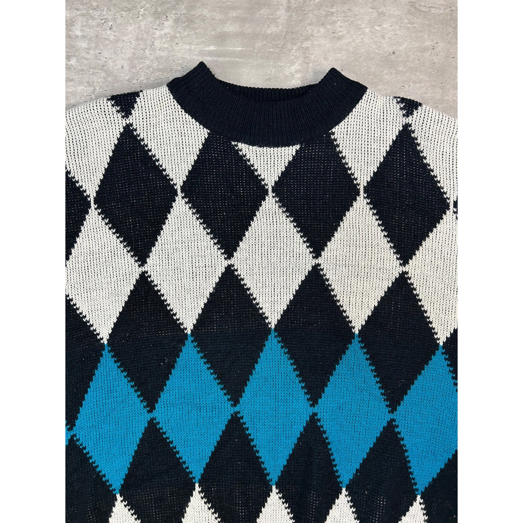 Vintage 80s/90s Yes Diamond Print Pullover Ribbed Knit Sweater Size Medium