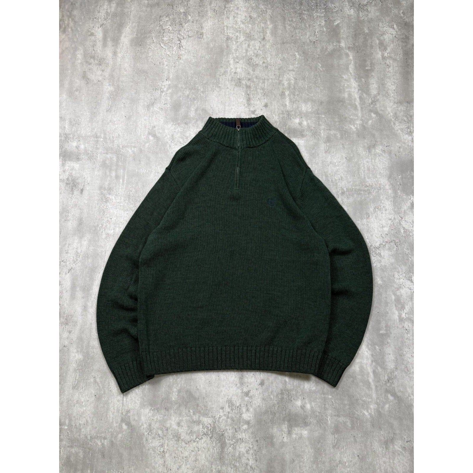 Vintage Chaps 1/4 Zip Embroidered Crest Forest Green Knit Sweater Size Large