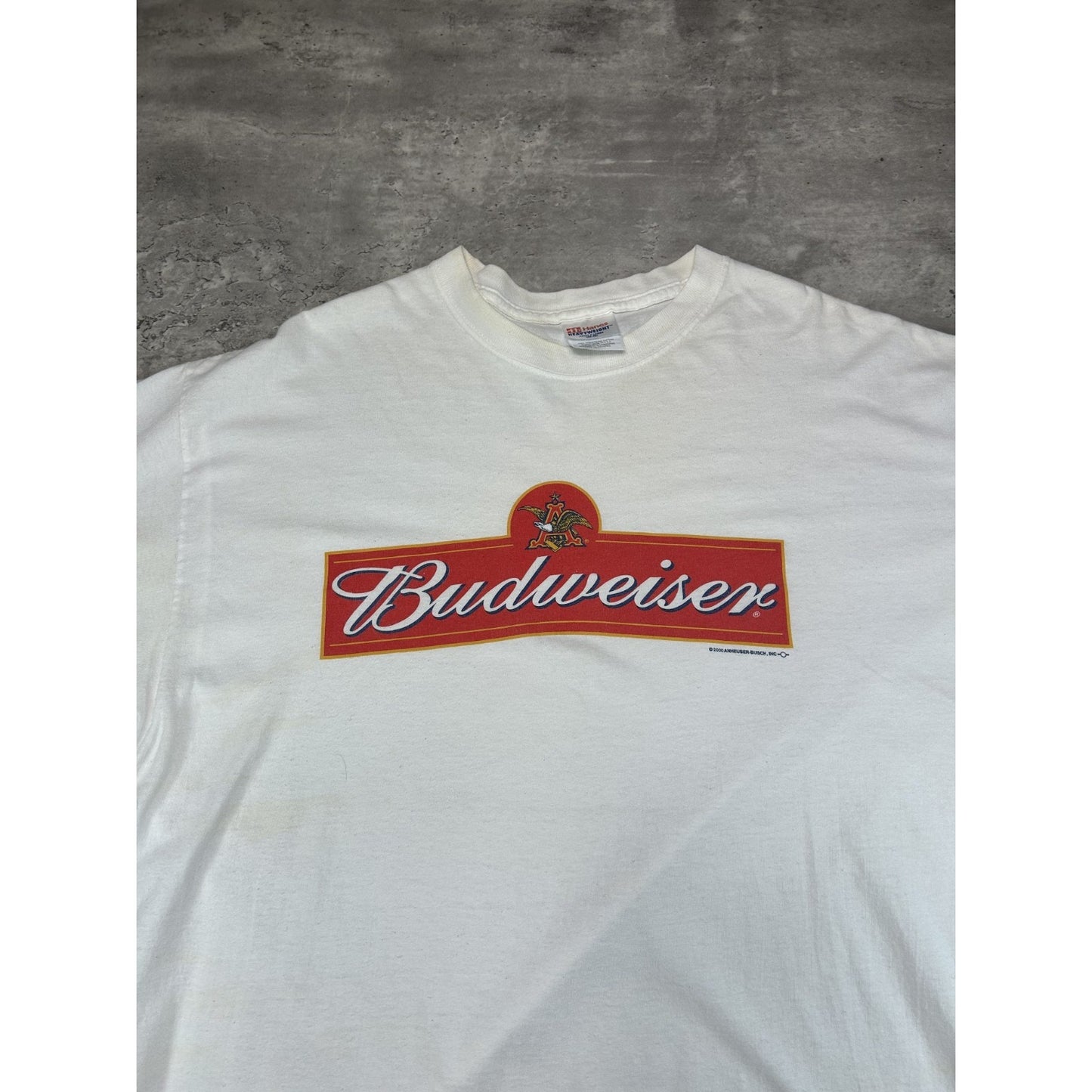 Vintage 2000 Budweiser Graphic Spellout Beer Promo T-Shirt Size XL White