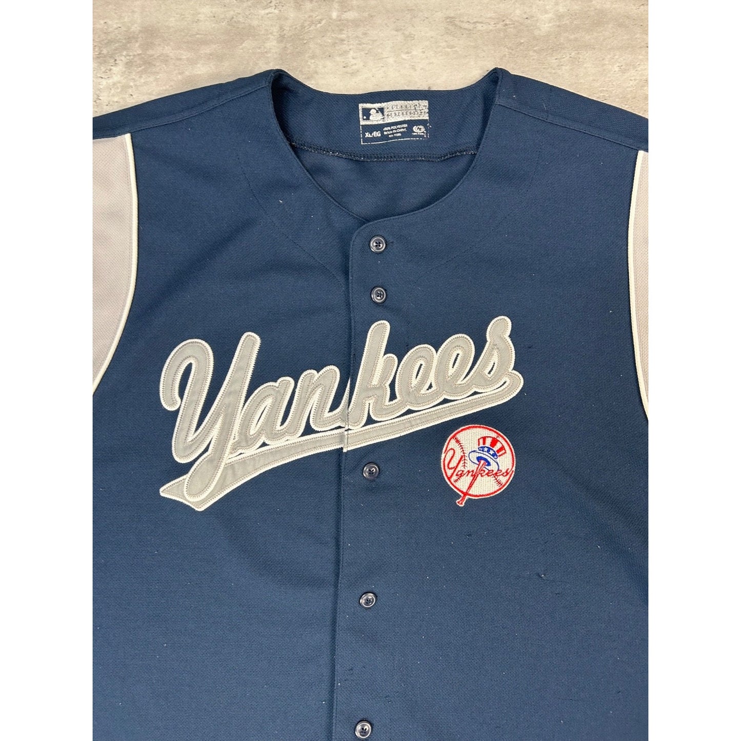 New York Yankees MLB Tailsweep Spellout Baseball Jersey Size XL Blue