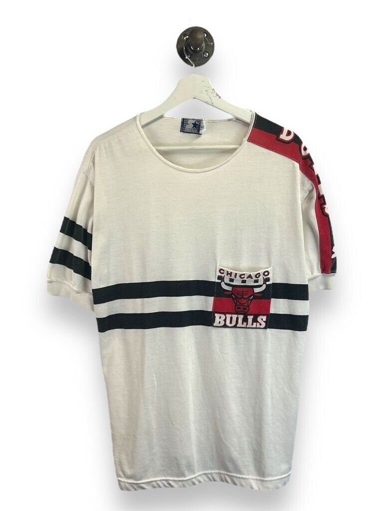 Vintage 80s Chicago Bulls NBA Spellout Logo Pocket Starter T-Shirt Size XL