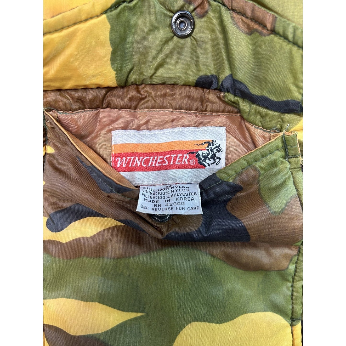 Vintage 80s Winchester Camo Reversible Nylon Hunting Puffer Jacket Size Medium