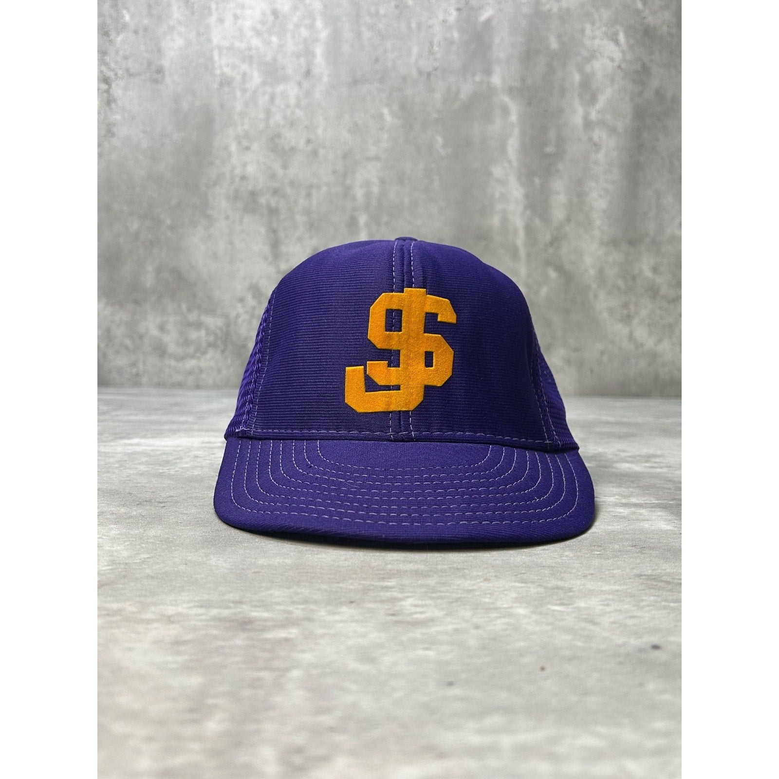 Vintage 80s SJ Graphic Two Tone Trucker Yellow/Purple Snapback Hat OSFA
