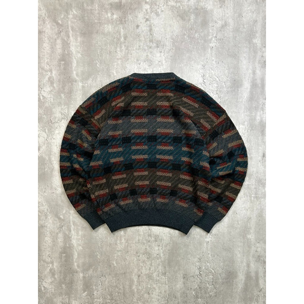 Vintage 90s Abstract Geometric Striped Pullover Knit Sweater Size Large