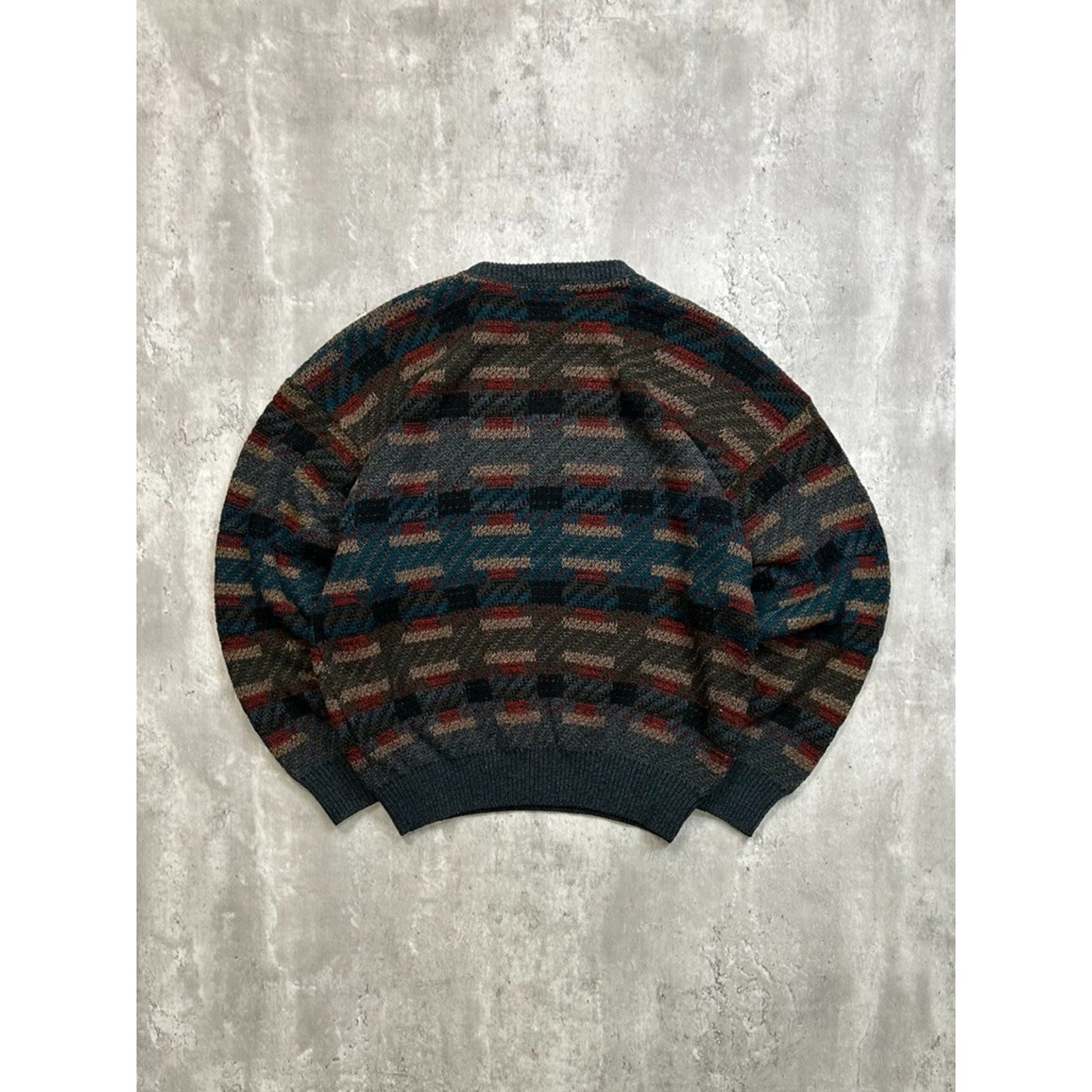 Vintage 90s Abstract Geometric Striped Pullover Knit Sweater Size Large