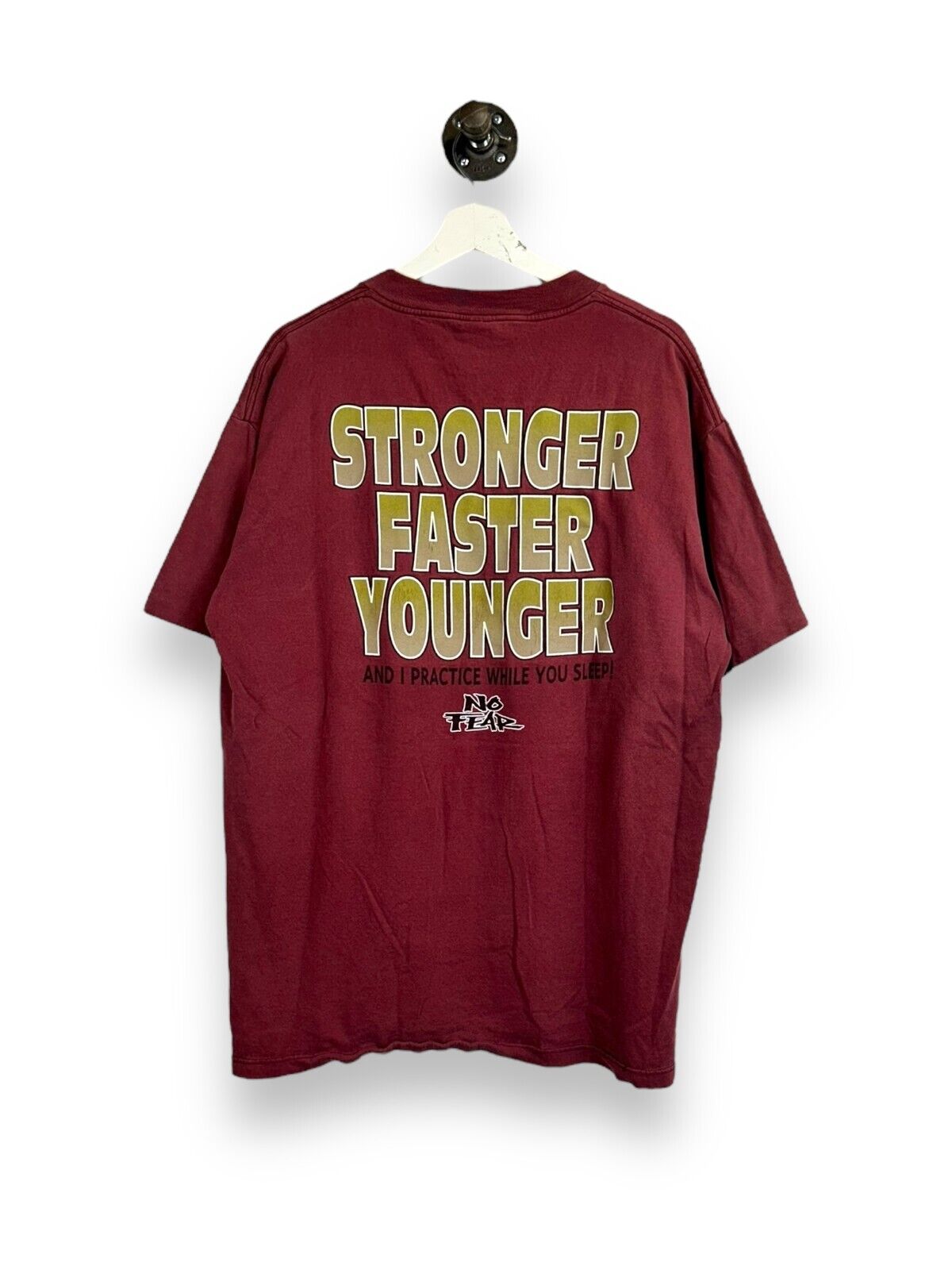 Vintage 90s No Fear Stronger Faster Younger Spell Out Graphic T-Shirt Sz XL Red