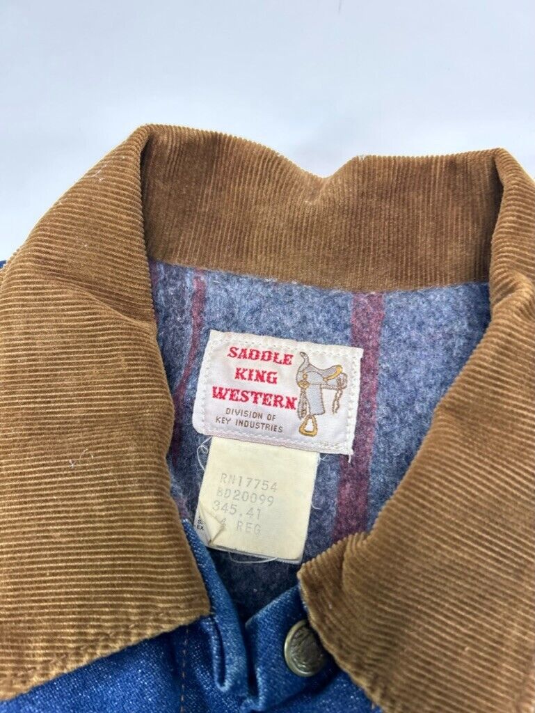 Vintage 80s Saddle King Blanket Lined Dark Wash Denim Trucker Jacket Sz 44 Large