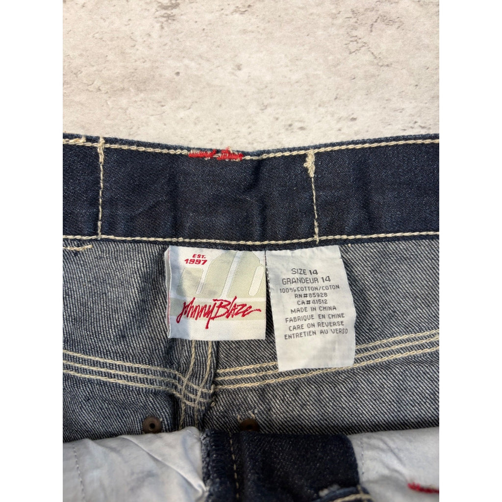 Vintage Y2K Womens Johnny Blaze Embroidered Script Dark Wash Denim Pants 29x28