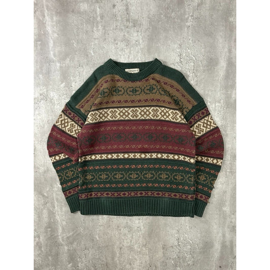 Vintage 90s Woods & Gray Abstract Striped Pullover Ribbed Knit Sweater Sz Medium