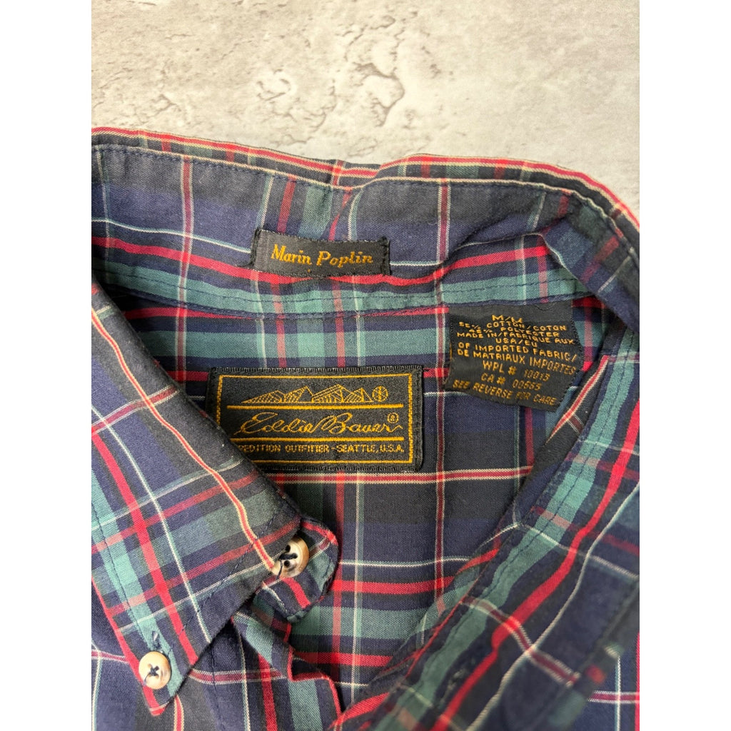 Vintage Eddie Bauer Plaid Cropped Single Pocket Button Up Shirt Size Medium