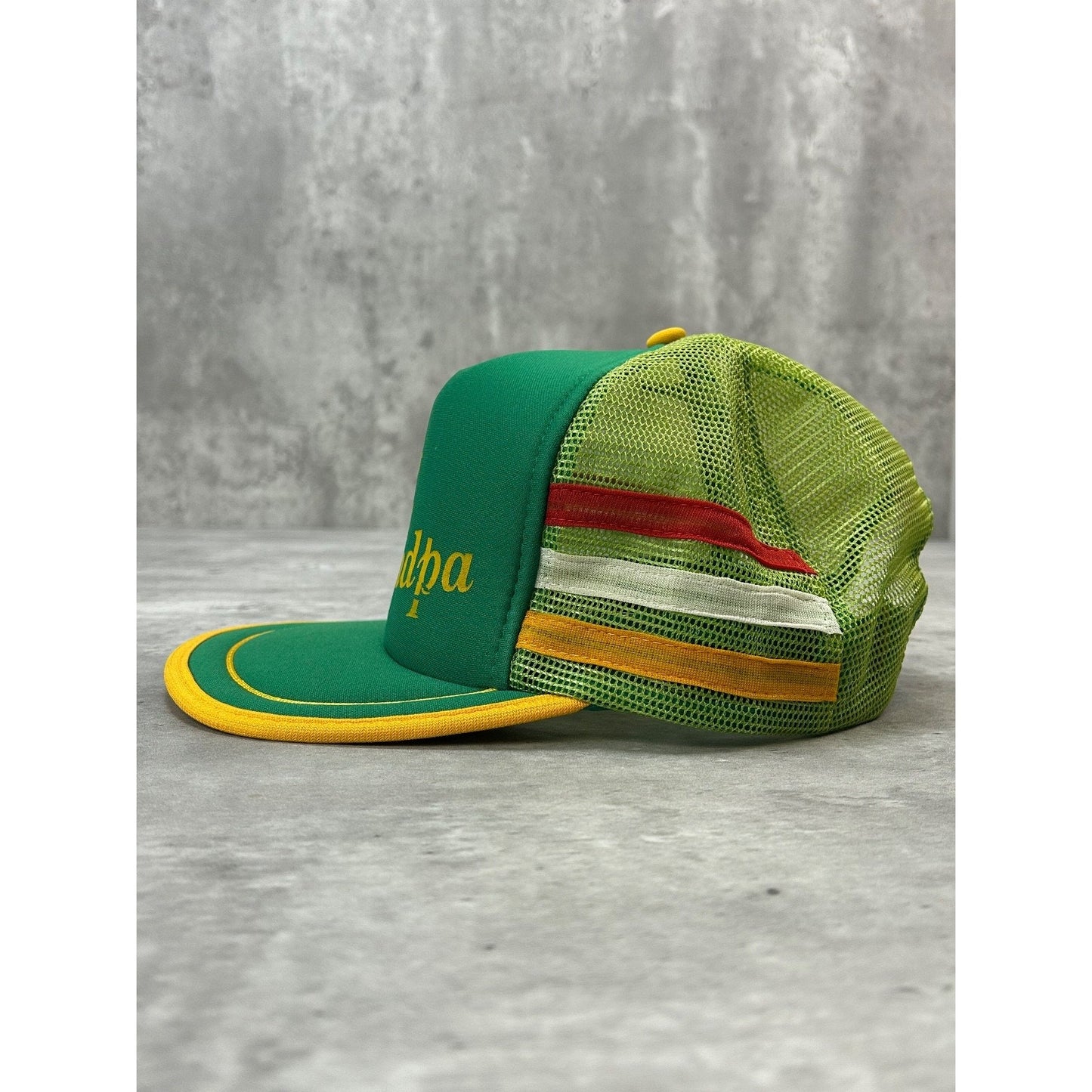 Vintage 80s Worlds Greatest Grandpa Three Stripe Trucker Snapback Hat OSFA