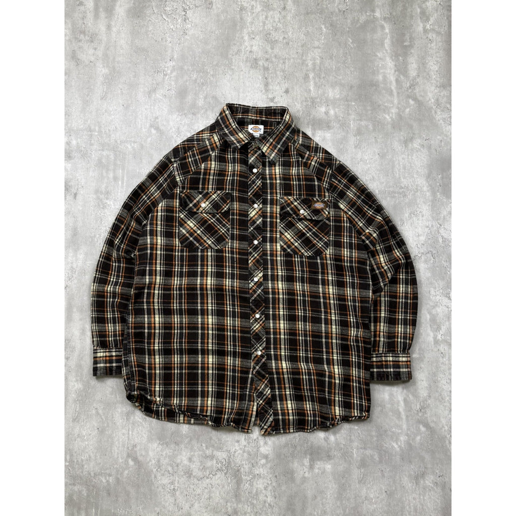 Vintage Dickies Plaid Pearl Snap Long Sleeve Flannel Button Up Shirt Size XLT