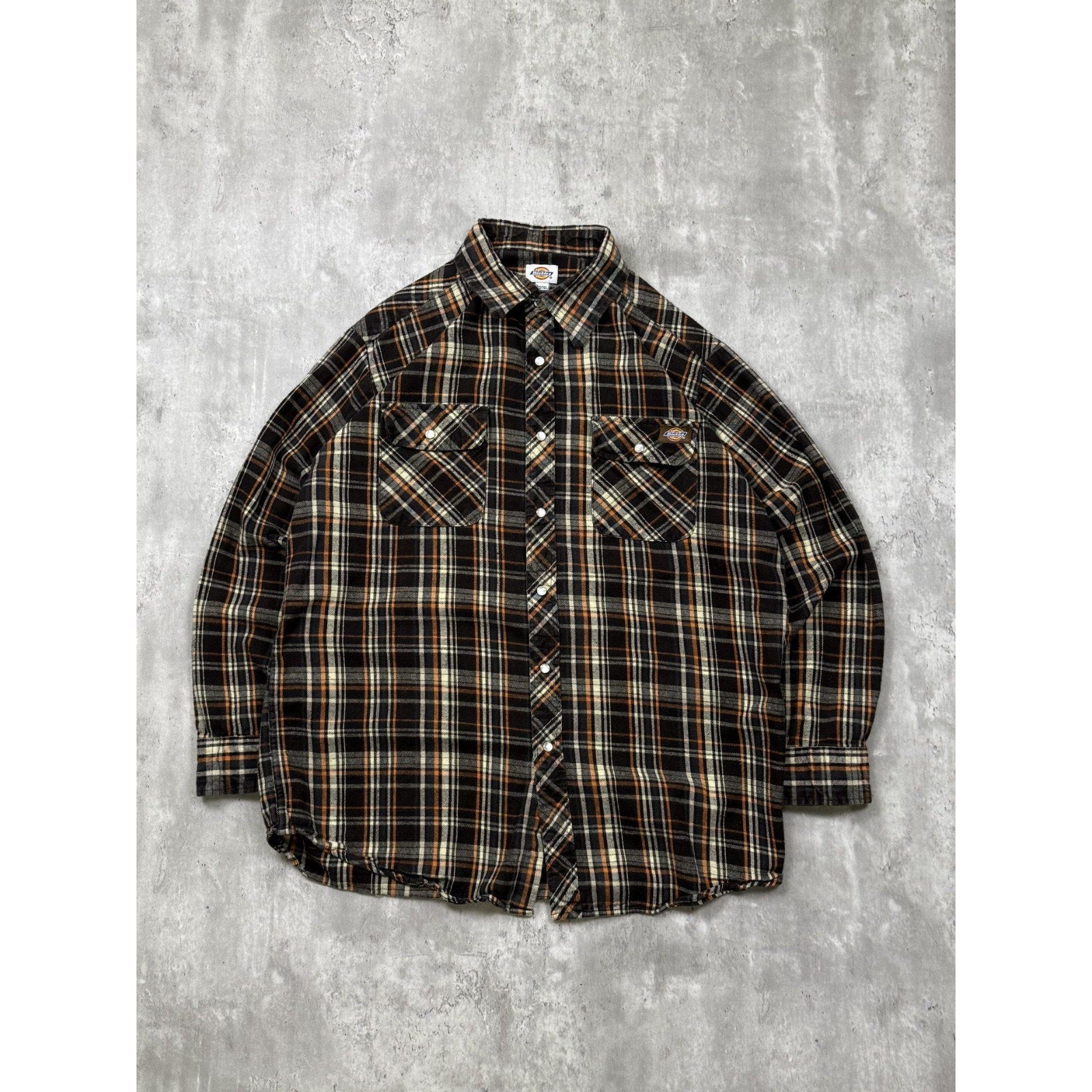 Vintage Dickies Plaid Pearl Snap Long Sleeve Flannel Button Up Shirt Size XLT
