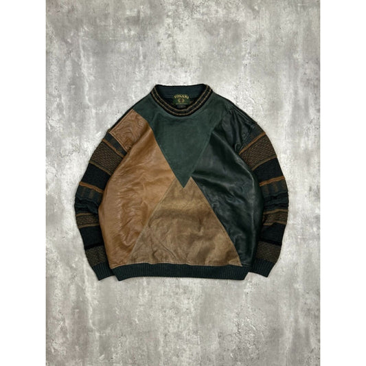 Vintage 90s Tundra Faux Leather Patchwork Pullover 3D Knit Sweater Size XL