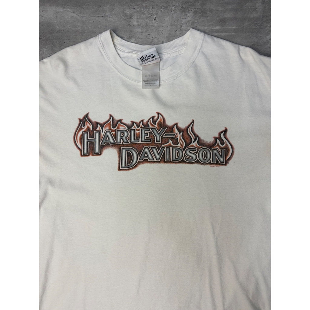 Vintage 2007 Harley Davidson Flame Graphic Spellout Long Sleeve T-Shirt Sz Large