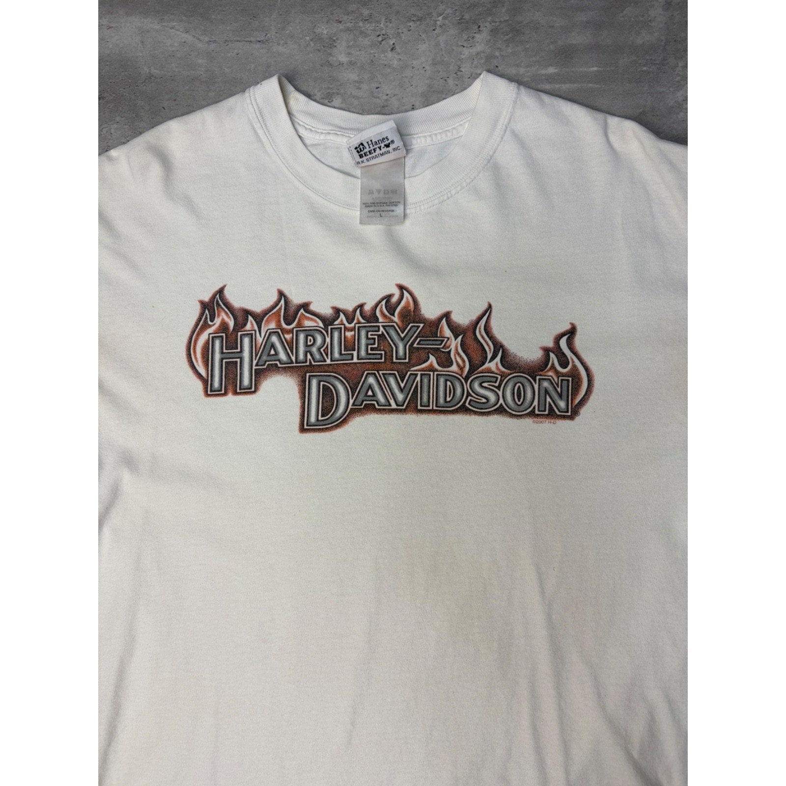Vintage 2007 Harley Davidson Flame Graphic Spellout Long Sleeve T-Shirt Sz Large