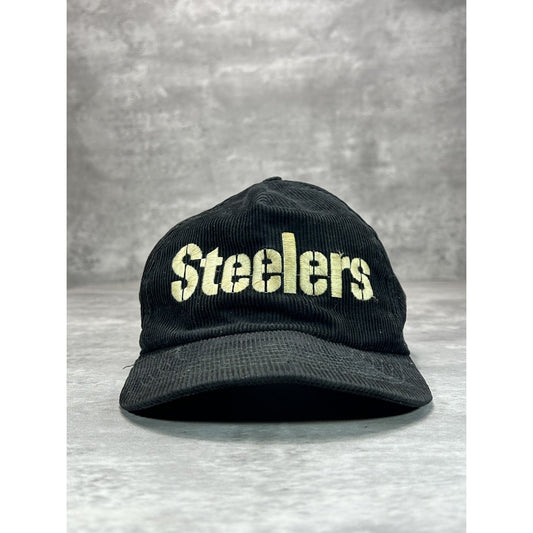 Vintage Pittsburgh Steelers NFL Embroidered Spellout Corduroy Snapback Hat OSFA
