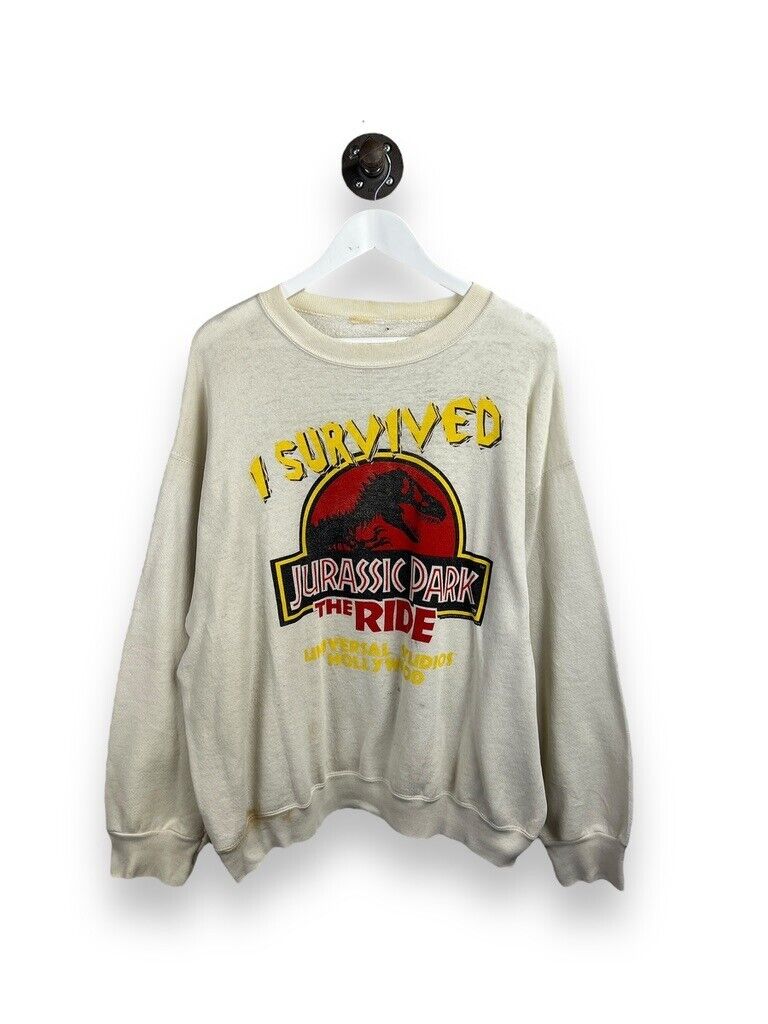 Vintage 1996 I Survived Jurassic Park The Ride Graphic Sweatshirt Size XL White