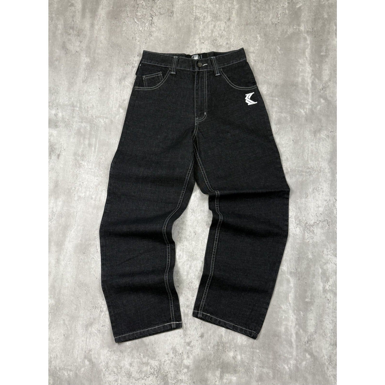 Vintage Y2K Womens Kani Embroidered Spellout Black Wash Denim Pants Size 29