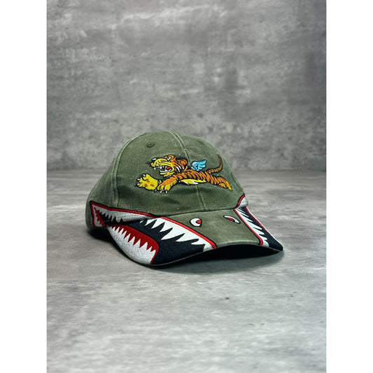 Vintage Flying Tigers Military Embroidered Logo Strapback Hat OSFA green