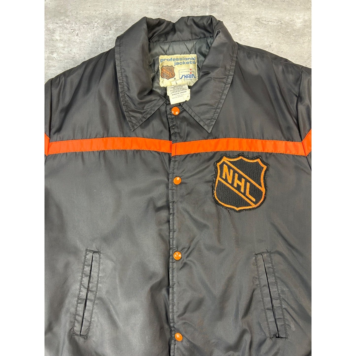 Vintage 80s NHL Embroidered Patch Hockey Bomber Jacket Size Large Black