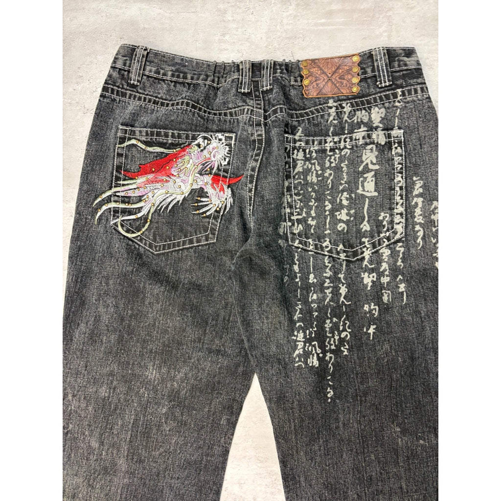 Vintage Y2K Kanii Embroidered Dragon Baggy Fit Black Denim Pants Size 41
