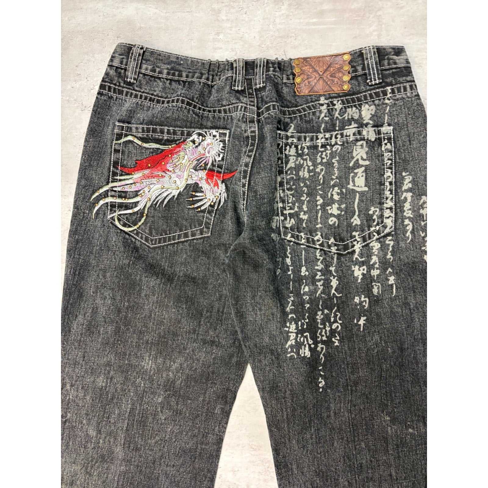 Vintage Y2K Kanii Embroidered Dragon Baggy Fit Black Denim Pants Size 41