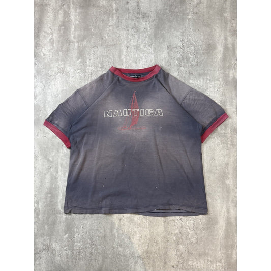 Vintage 90s Nautica Faded Sailboat Graphic Spellout Ringer T-Shirt Size XL