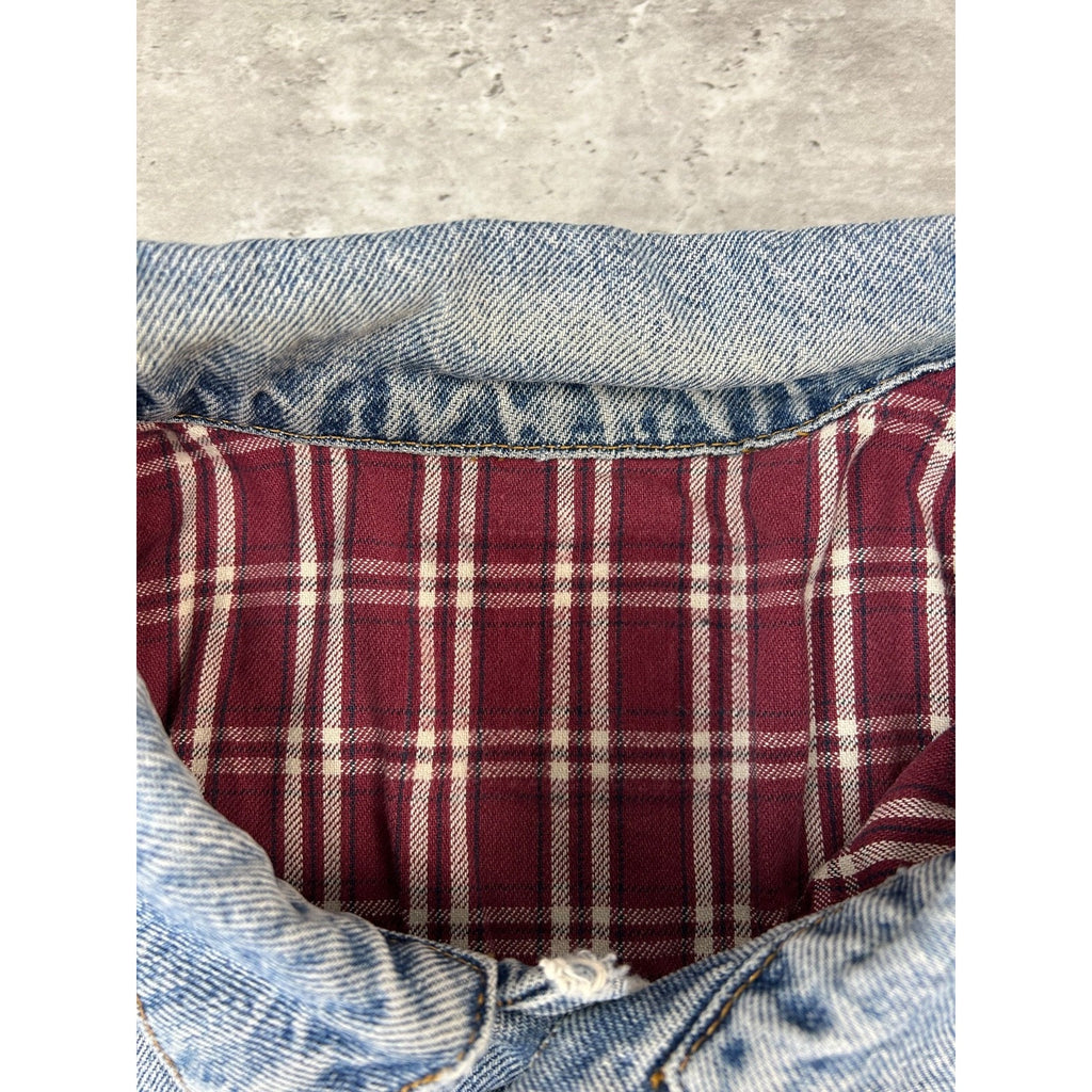 VTG 90s Levis Plaid Lined Red Tab Light Wash Denim Type 3 Trucker Jacket Size XL