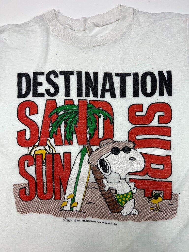 Vintage 80s Peanuts Snoop & Woodstock Sand Surf & Sun Graphic T-Shirt Size Large