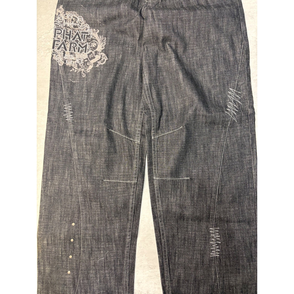 Vintage Y2K Womens Phat Farm Embroidered Graphic Black Wash Denim Pants Sz 29x31