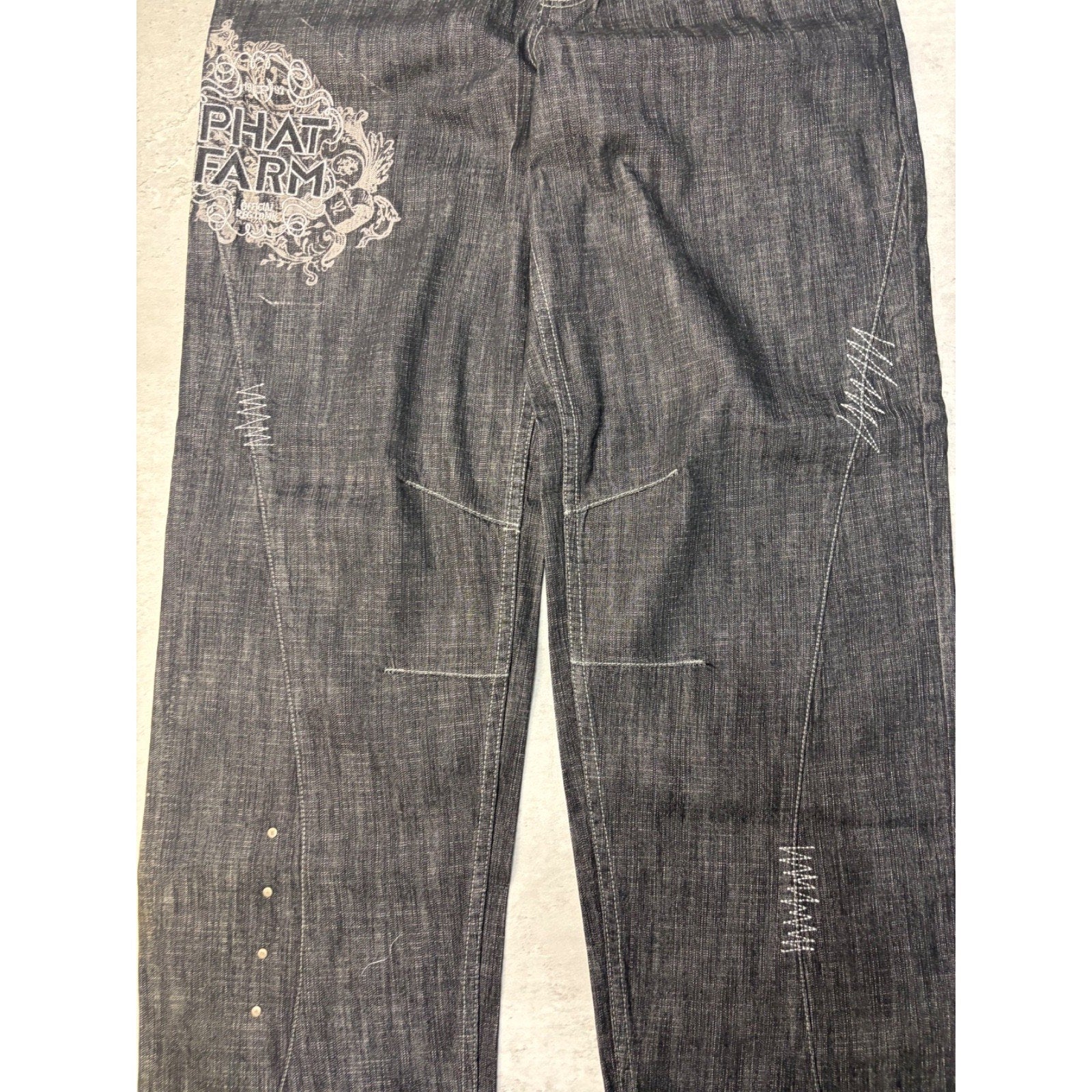 Vintage Y2K Womens Phat Farm Embroidered Graphic Black Wash Denim Pants Sz 29x31