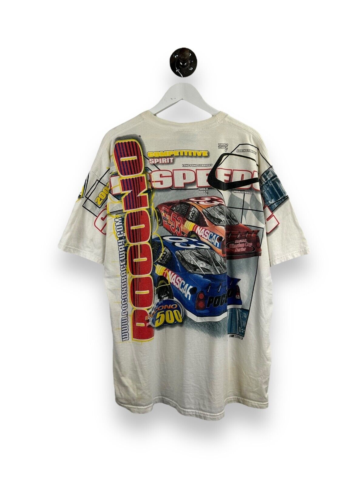 Vintage Nascar Pocono 500 Racing All Over Print Graphic T-Shirt Size XL White