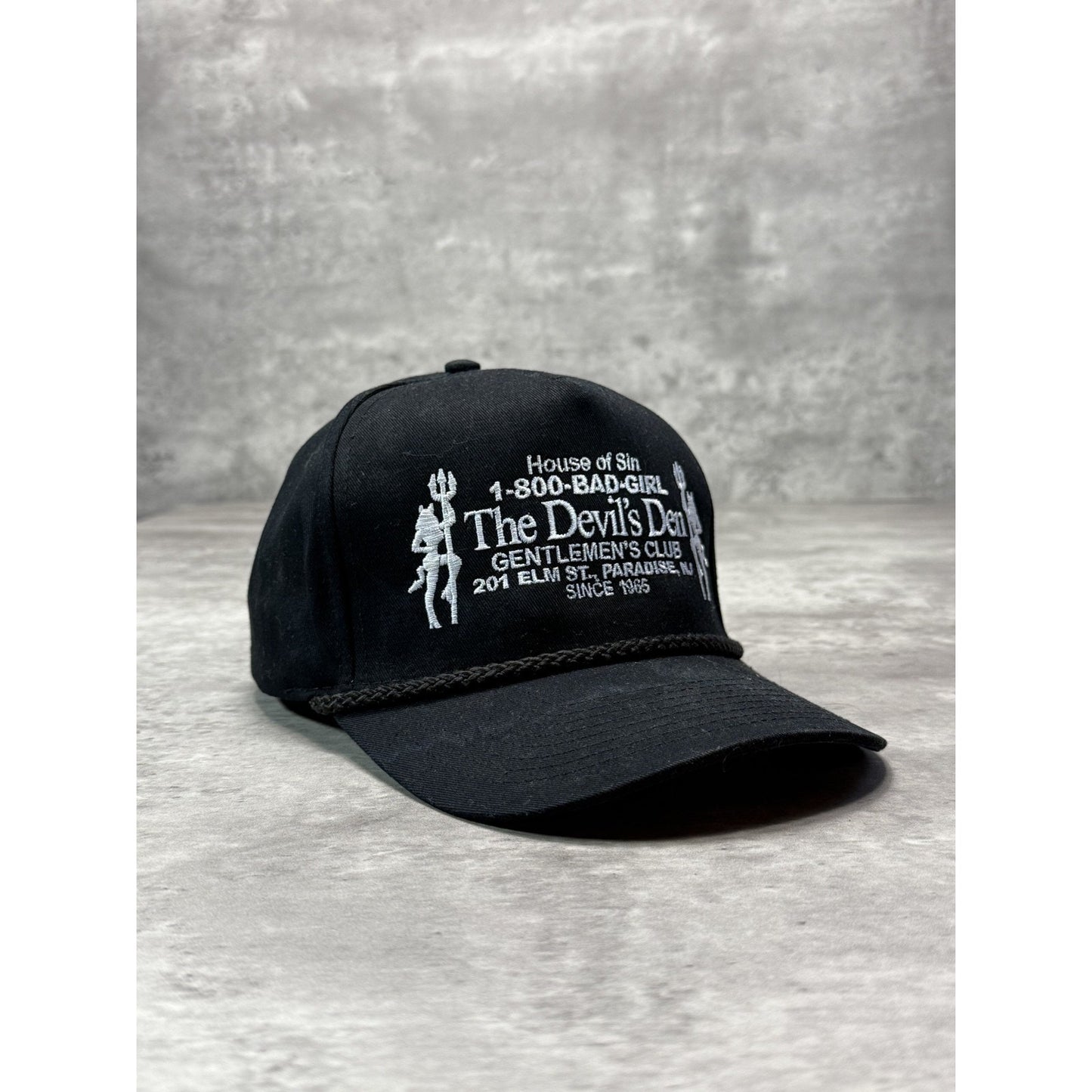 The Devils Den House Of Sin Embroidered Spellout Trucker Snapback Hat OSFA