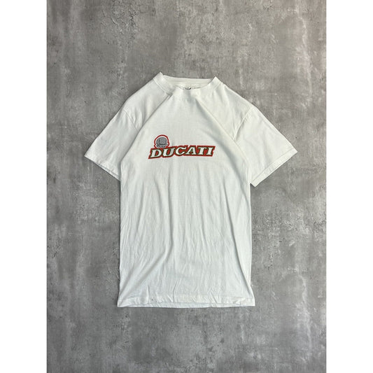 Vintage Ducati Motorcycle Spellout Graphic T-Shirt Size Large White