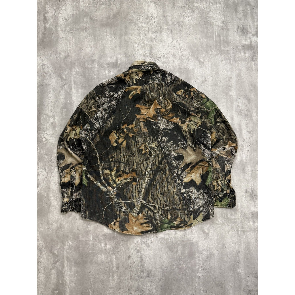 Vintage Cabelas Mossy Oak Tree Camo Hunting Long Sleeve Button Up Shirt LT
