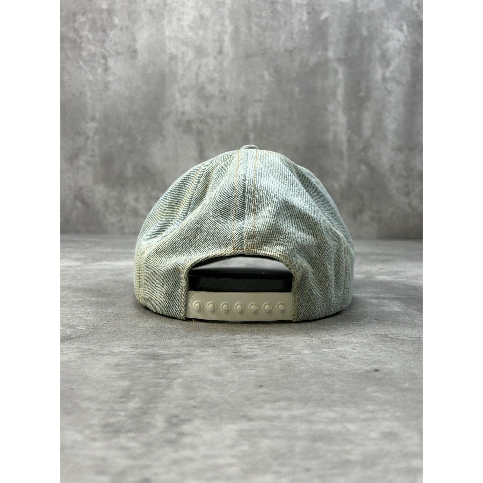 Vintage 90s Guess USA Light Wash Denim Embroidered Spellout Snapback Hat OSFA