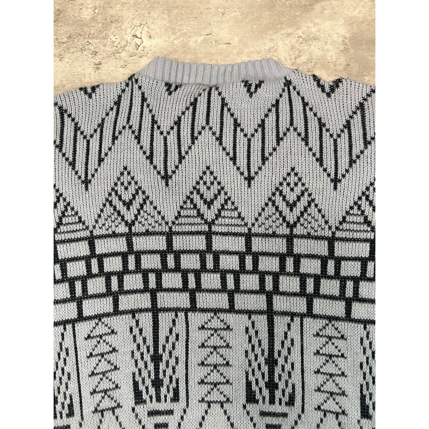 Vintage 90s Spunky Geometric Striped Pullover Knit Sweater Size Medium Gray