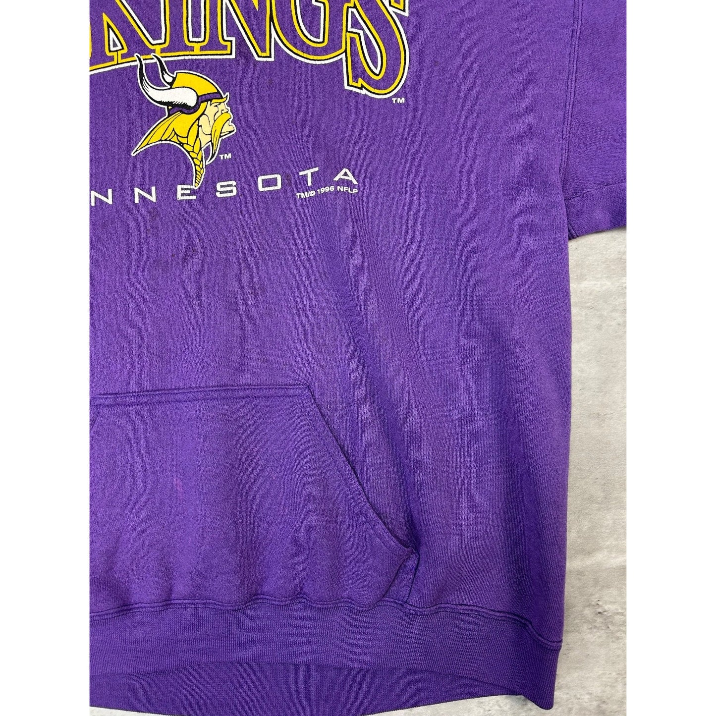 Vintage 90s Minnesota Vikings NFL Graphic Spellout Hooded Sweatshirt Size XL
