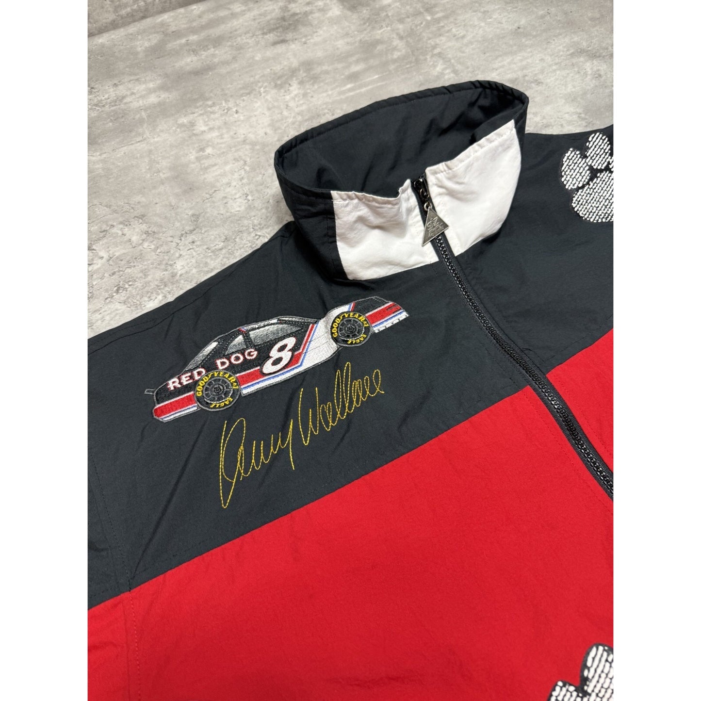 Vintage 90s Kenny Wallace #8 Nascar Red Dog Paw Print Jacket Size 2XL